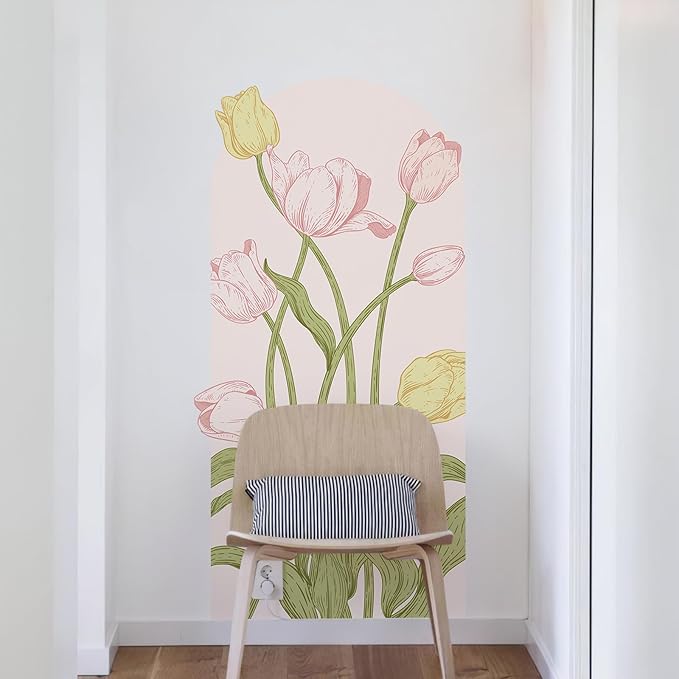 Large Floral Wall Decals Peel and Stick Tulip Floral Arch Decal 59" H x 29.5" W Tulip Flower Wall Art Pink Yellow Vinyl Stickers for Door Bedroom Bathroom Entrance Decor