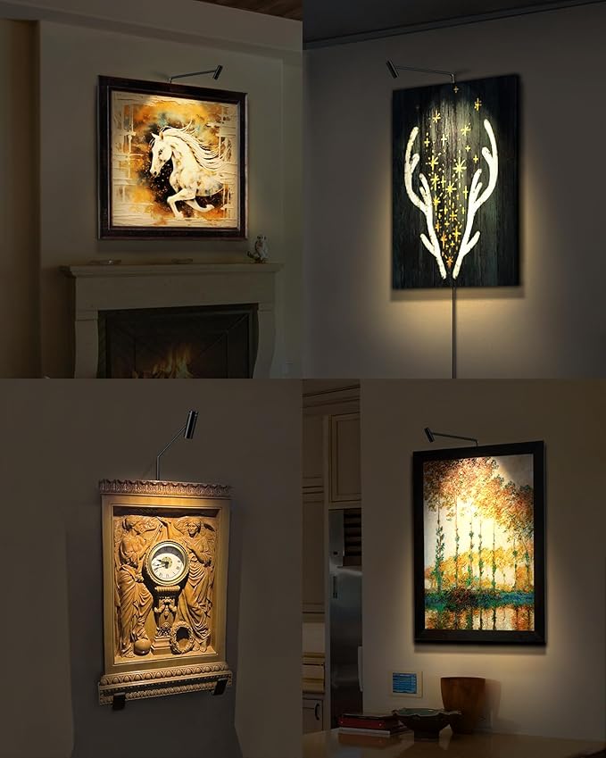 LED Picture Light Plug in 120V Art Light with Remote & Timer, Dimmable Picture Frame Light for Paintings, 3000K CRI 90 Picture Lights for Wall Display Portrait Gallery, Brass Body Painted Black