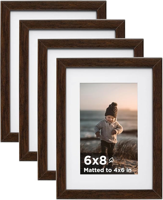 KINLINK 6x8 Picture Frame Brown Set of 4, Wooden Photo Frames Matted 4x6 with Plexiglass for 4x6 with Mat or 6x8 without Mat for Table and Wall Display