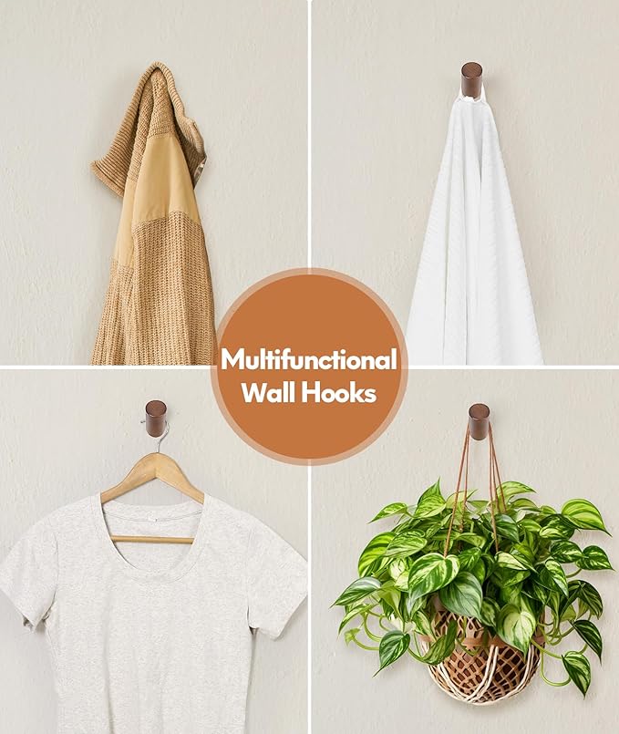 Wood Wall Hooks for Hanging, 4 Pack Hat Hook for Walls, Coat Hook Wall Mount, Backpack Hooks for Walls, Bathroom Towel Hanger (Walnut)