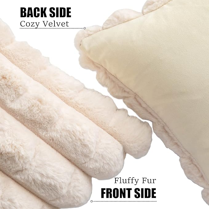 Neelvin Beige Faux Fur Cozy Soft Plaid Decorative Throw Pillow Covers 18x18 inch Set of 2,Velvet Pillowcase Cushion Case for Sofa Couch