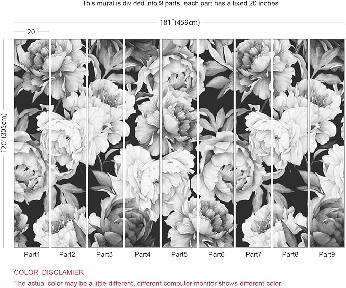 Black and White Peonies Wallpaper Watercolor Floral Mural Wallpaper for Bedroom Living Room (Not Peel n' Stick)