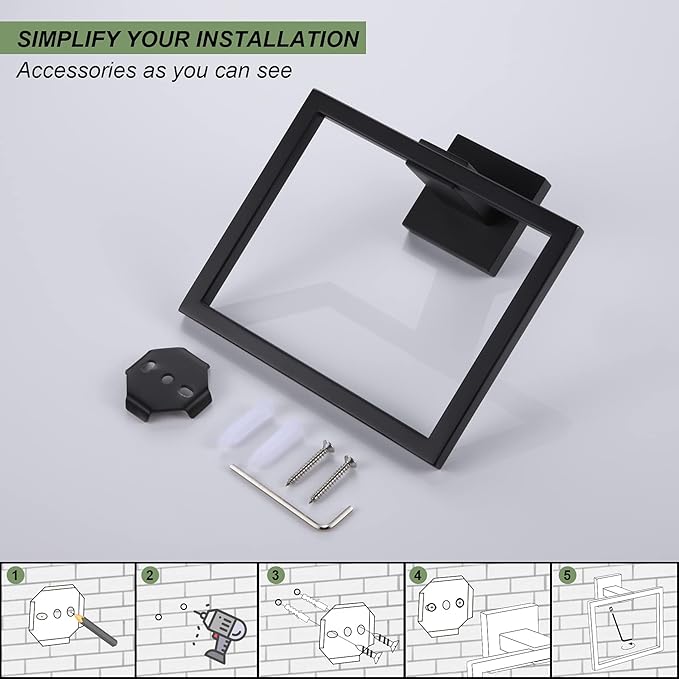 KOKOSIRI Hand Towel Ring Shower Towel Hanger Holder Bath Towel Holder Bathroom Lavatory Stainless Steel Wall Mount, Matte Black, B3004BK