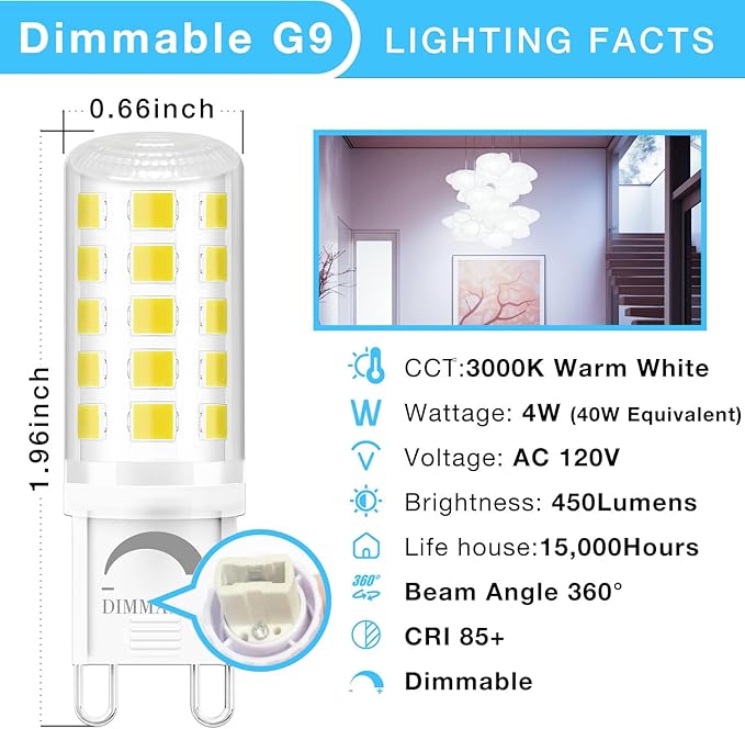 DAYBEETER 12 Pack Dimmable G9 LED Bulb 4W (40 Watt Equivalent), 6000K Daylight White, G9 Halogen Bulb T4 G9 Bi-pin Base Light Bulbs for Chandelier,120V 450LM 360 Beam Angle No-Flicker G9 Bulb