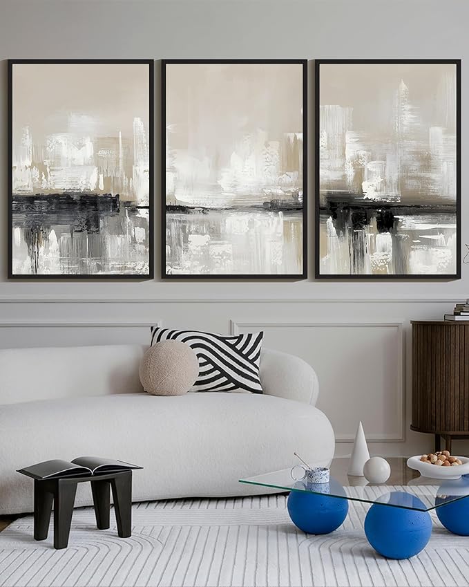 KUVIOKE Abstract Gray Framed Wall Art Neutral Brown Artwork Painting Morden Minimalist Wall Decor Rustic Home Decor 24x36in (Black Framed)