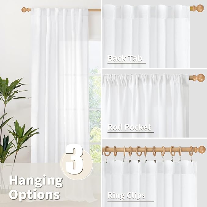 YoungsTex 84 Inch Length White Linen Curtains for Living Room, Semi Sheer Drapes with Rod Pocket Back Tab Light Filtering Window Treatments for Dining Bedroom, 52 X 84 Inch, 2 Panels