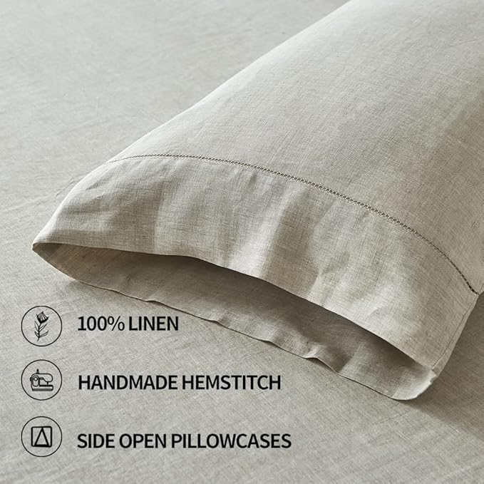 Simple&Opulence 100% Linen Pillowcase with Hand Drawing Hemstitch Pillow Cover King Size Set of 2 Soft and Durable (Linen, 20''x40'')
