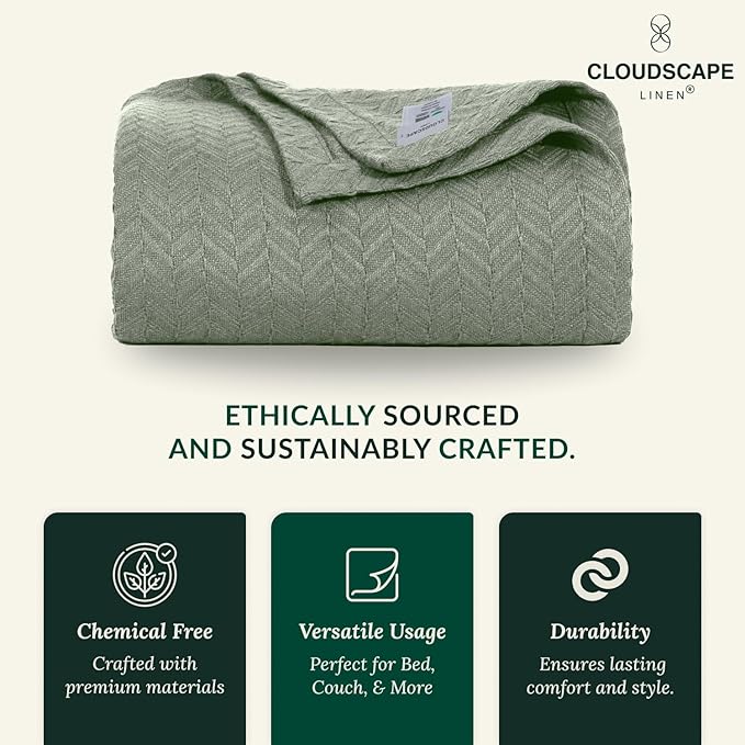 Cloud Scape Linen Herringbone Cotton Throw Blanket for Couch, Bed,Sofa, Home Decor, Soft, Lightweight, All-Season Bed Blanket, 50 x 70, Olive Green