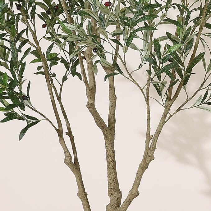 Olive Tree Artificial Indoor, 8FT Tall Faux Olive Tree with 11.5in White Cylinder Round Planter, Artificial Plants with Natural Wood Trunk and Lifelike Leaves for Home Office Decor