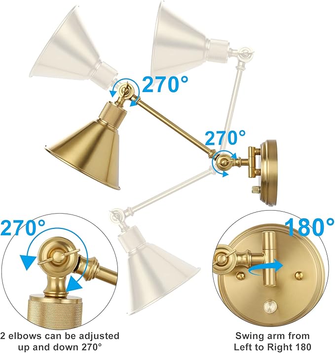 TRLIFE Dimmable Wall Sconce with Remote Control, Brushed Brass Plug in Wall Sconces Adjustable Color Temperature 2700K-6000K, Swing Arm Wall Lights with Plug in Cord, UL Listed(2 Pack, 2 Bulbs)