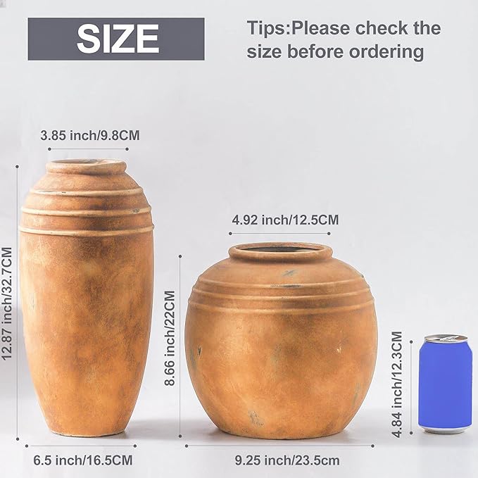 Large Ceramic Flower Vase, 12.87 inch Terracotta Vase, Rustic Farmhouse Vintage Vases for Home Decor, Living Room Shelf Decor, Enterway, Table Decoration
