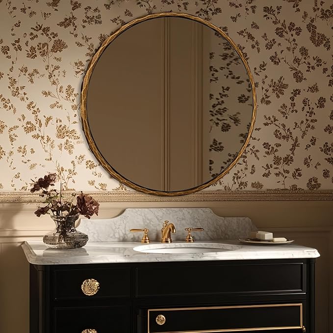 ANDY STAR 30 Inch Hand-Forged Round Gold Mirrors, Metal Frame Bathroom Round Wall Mirror for Over Sink, Large Vanity Circle Mirror for Antique, Vintage, Farmhouse, Rustic