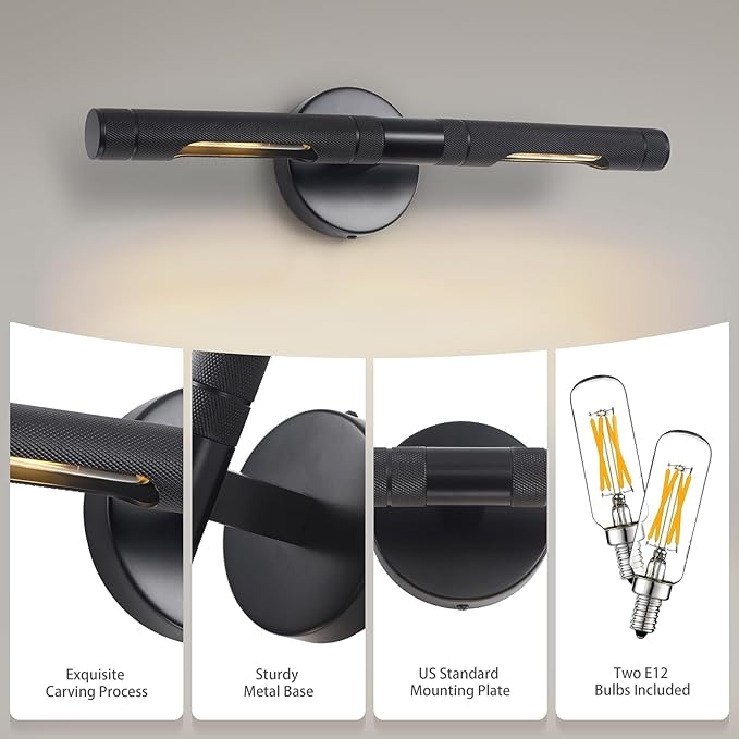 Knurled Black Picture Light for Wall,19 Inch Hardwired Wall Lights for Pictures,Rotatable 360° Modern Gallery Light for Living Room Bathroom Study Room E12 Bulbs Included (BLACK-19inch)