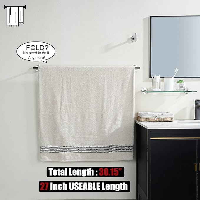 JQK Bath Towel Bar, 30 Inch 304 Stainless Steel Thicken 0.8mm Single Towel Rack for Bathroom, Towel Holder Brushed Finished Wall Mount, Useable Length 27 Inch, TB110L27-BN