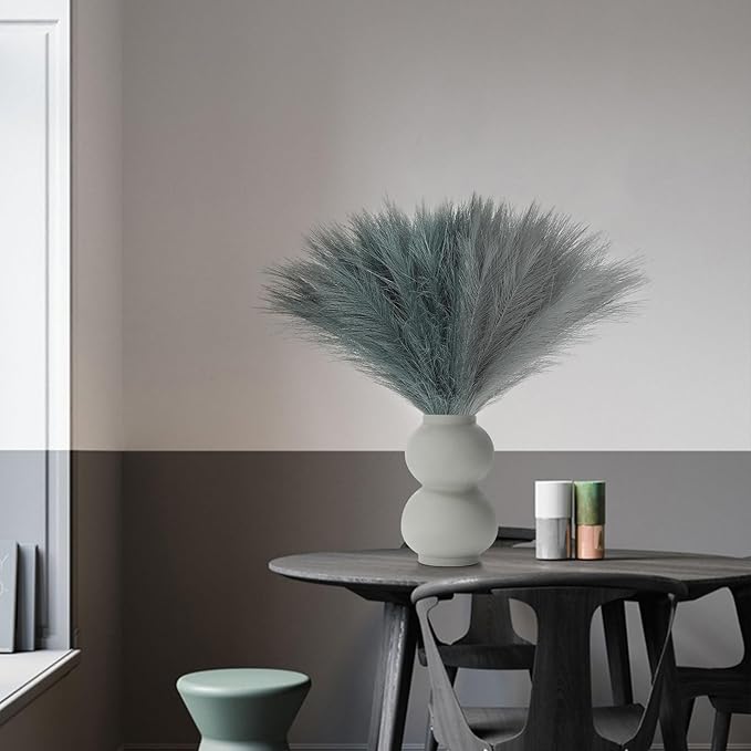 60 Pcs Pampas Grass Light Grey and Dark Grey Decor 21.7" Fluffy Faux Short Pampas Grass Artificial Small Pompas Grass Flower Vase Filler for Home Wedding Decoration