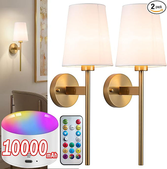 Battery Operated Wall Sconce with Remote,White Fabric Shade Wall Sconce Set Of 2 Battery Powered Sconces Wall Lighting Indoor Wireless Dimmable Wall Lamp with 3 Color Temp Bulb for Bedroom Living Room