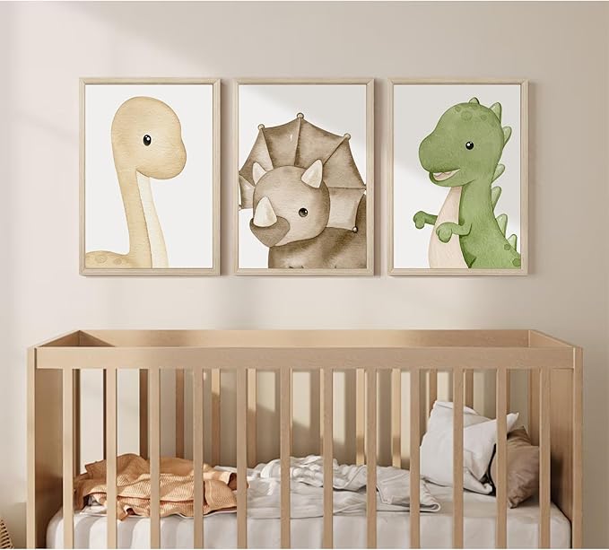 Dinosaur Wall Art Kids Boys Room Canvas Wall Decor Dino Nursery Wall Art Pictures Baby Dinosaur Poster Prints for Boys Bedroom Bathroom 12x16 Inch Wood Framed Set of 3