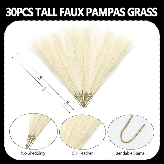 30 Pcs Yellow Faux Pampas Grass, 17 Inches Artificial Pampas Grass Bulk, Short Fluffy Faux Pompas for Vase Filler, Home Boho, Wedding Anniversaries, Baby Shower Decoration