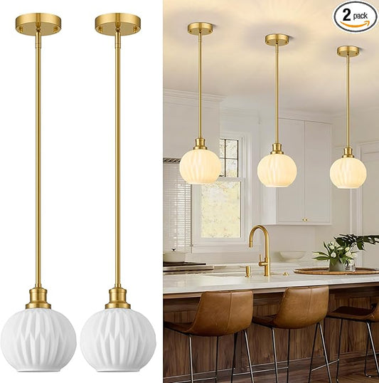 Brushed Gold Pendant Lights Kitchen Island 2 Pack, 7.3" Milk Glass Modern Pendant Light Fixtures with Rods, Globe Hanging Lighting for Kitchen Sink Bathroom Dining Room, E26 Base