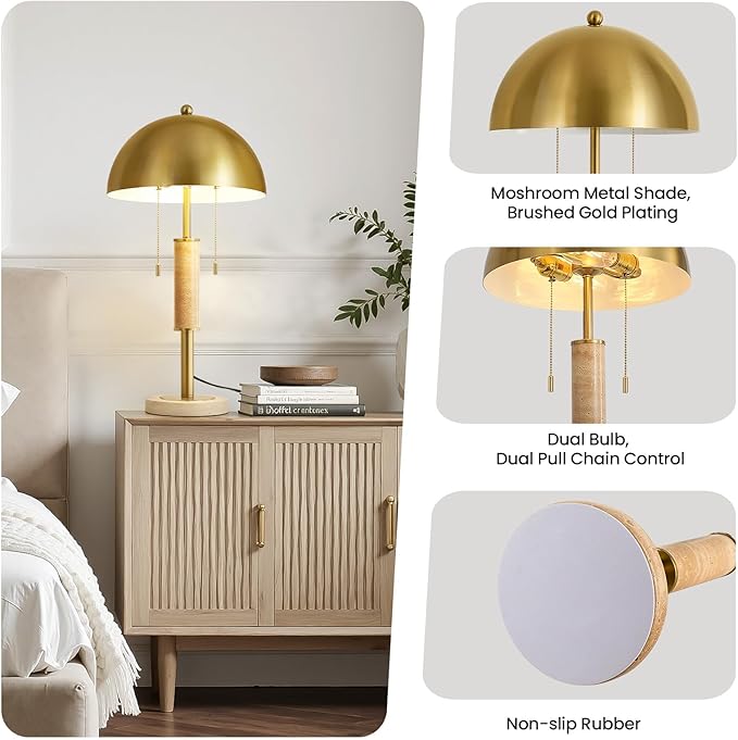 24" Modern Table Lamp for Living Room Gold Metal Nightstand Lamp with High-Grade Decorative Travertine Mid Century Table Lamp for Bedroom Side Table Bedside End Table