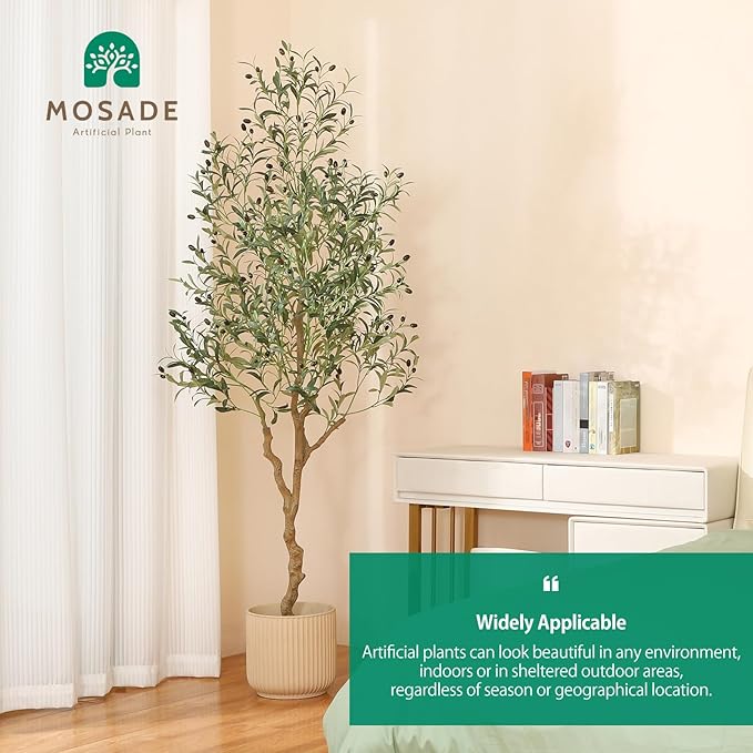 MOSADE Artificial Olive Tree 7 Feet Fake Olive Silk Plant and Handmade Seagrass Basket, Perfect Tall Faux Topiary Silk Tree for Indoor Entryway Modern Decor Home Office Porch Balcony Gift,2Pack