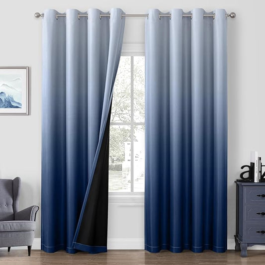 HOMEIDEAS Navy Blue 100% Ombre Blackout Curtains for Bedroom, 52 X 96 Inches Long Room Darkening Gradient Light Blocking Thermal Insulated Grommet Drapes for Living Room, 2 Panels