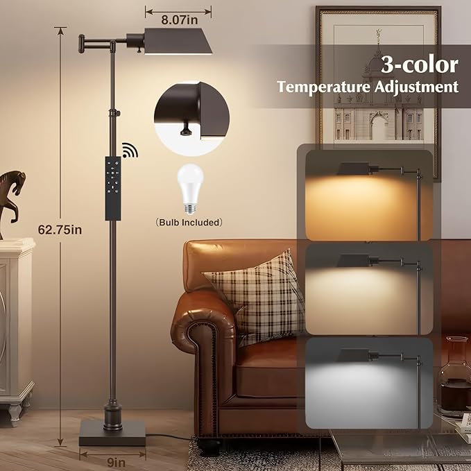 GyroVu Traditional Height Adjustable Pharmacy Floor Lamp with 350° Swing Arm, 3 Color Temperature Adjustable Standing Lamp Metal Shade for Living Room Reading House Bedroom Home Office(Bronze)