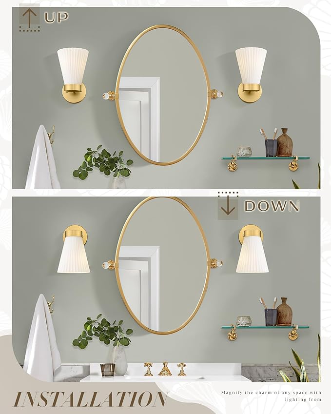 Gold Wall Sconce, HWH Single Wall Light Fixture Brushed Gold Wall Lamp with Frosted Milk White Striped Glass Shade, Modern Indoor Wall Sconce for Kitchen Bedroom Schoolhouse, 5HZG97B BG