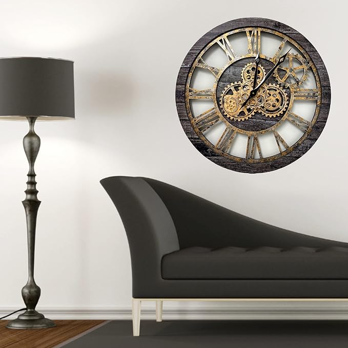 ImprovingLife The Gears Clock The Original Real Moving Gear Wall Clock Vintage Industrial Oversized Rustic Farmhouse (24 inch (60cm), Vintage Carbon Grey and Bronze)