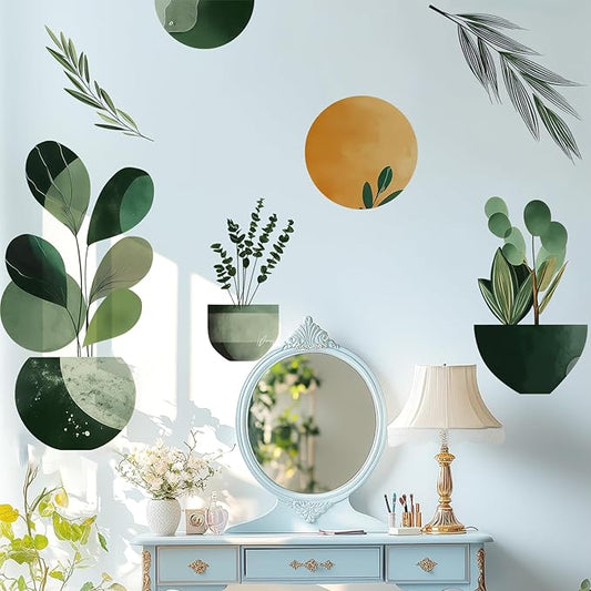 Large Boho Mid-Century Pot Plants Wall Decals Peel and Stick, Leaves Sun Vinyl Wall Stickers, Removable Leaves Plants Home Decor Art for Bedroom Living Room Classroom Office