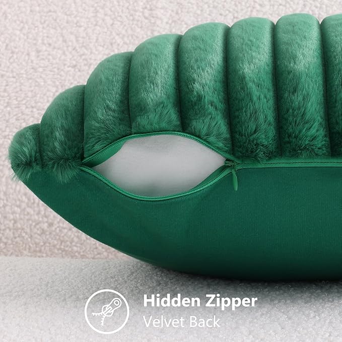 decorUhome Faux Fur Christmas Throw Pillow Covers 18x18 Set of 2, Decorative Soft Plush Striped Neutral Couch Euro Pillow Covers with Velvet Back for Sofa, Bed, Living Room Home Decor, Christmas Green