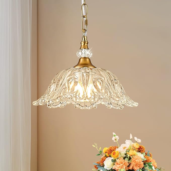 1 Piece Vintage Chandelier Light Fixtures with Crystal Glass Shade,Matte Antique Brass Finish Pendant Light,Hanging Light for Dining Room,Hallway,Living Room,Bedroom