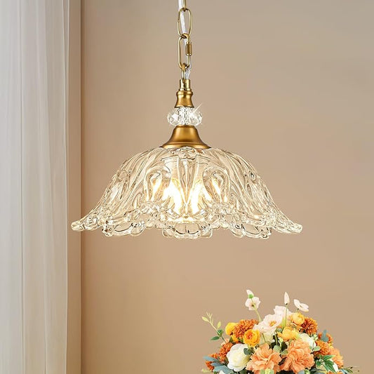 1 Piece Vintage Chandelier Light Fixtures with Crystal Glass Shade,Matte Antique Brass Finish Pendant Light,Hanging Light for Dining Room,Hallway,Living Room,Bedroom