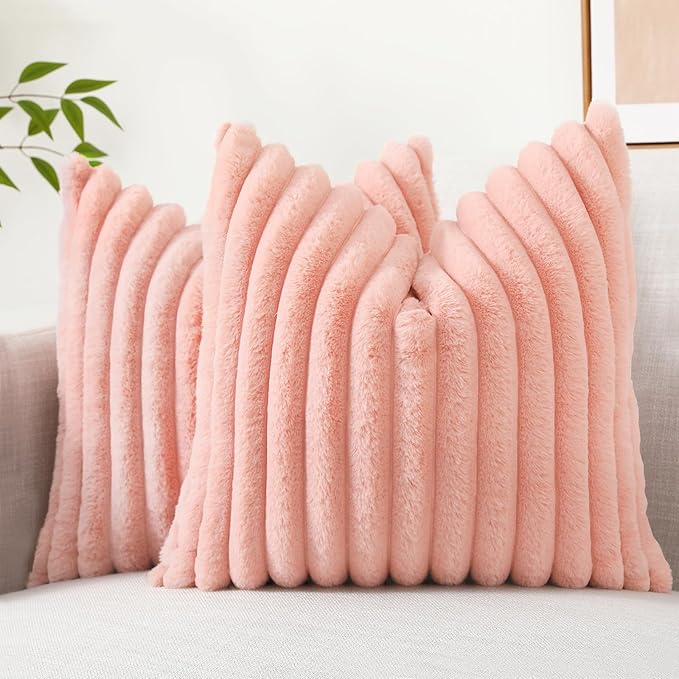 decorUhome Faux Fur Throw Pillow Covers 18x18 Set of 2, Decorative Soft Plush Striped Neutral Couch Euro Pillow Covers with Velvet Back for Sofa, Bed, Living Room Home Decor, Blush Pink
