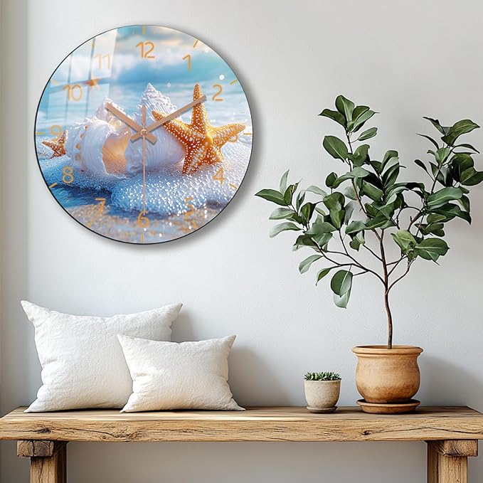 Large Coastal Wall Clock 16 inch Modern Beach Wall Clock Wooden Silent Analog Clock for Office, Living Room Decor Battery Operated