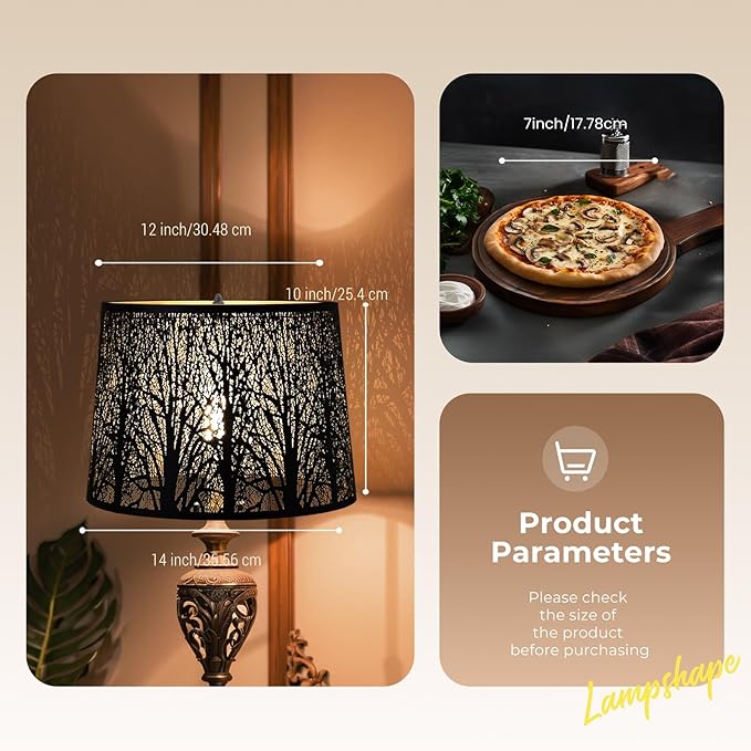 Large Lamp Shade, Metal Lampshade, drum lamp shades,replacement lamp shades For Table Lamp Floor Lamps,Gothic Style Lamp Shade,12x14x10 inches, Tree Pattern Design, Black and Bronze.