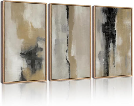 KUVIOKE Black Abstract Framed Wall Art Neutral Graffiti Pastel Minimalist Wall Decor Modern Art Painting for Bedroom Living Room 11x14in (Natural Framed)