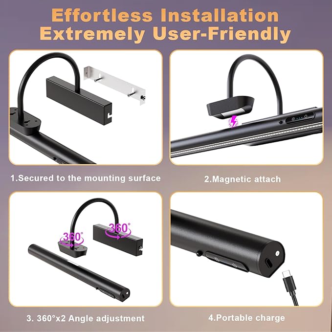 Dimmable Cordless Picture Light with Controller and Timer, Rechargeable Battery Wall Sconce for Wall Pictures, Gallery Artwork, Paintings, Portraits, Dartboards (Black)