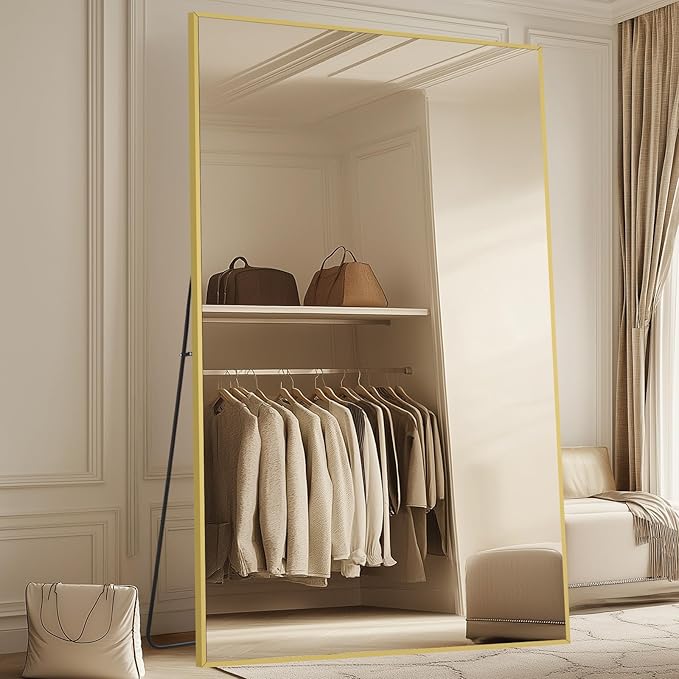 MELOMOIR 76"x44" Oversized Floor Mirror Freestanding, Oversized Mirror Full Length for Bedroom Living Room Dressing Room Gym Yoga Hair Salon, Gold Mirror Full Length with Shatterproof Tempered Glass