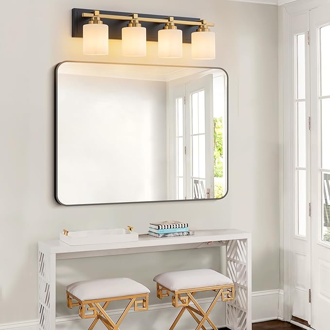 4 Light Modern Bathroom Light Fixtures Over Mirror, Black Gold Vanity Lights for Bathroom Wall Sconces with Milky White Glass Shades, E26 Socket (Bulbs Not Included)