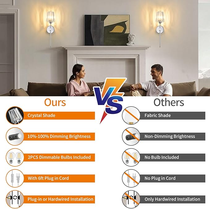 Crystal Wall Sconces Set of 2, Dimmable Wall Sconce with Plug in Cord and Dimmer Chrome Plug in Wall Lamp Wall Mounted Light with Crystal Shade for Living Room Bedroom Vanity Light, Bulbs Included