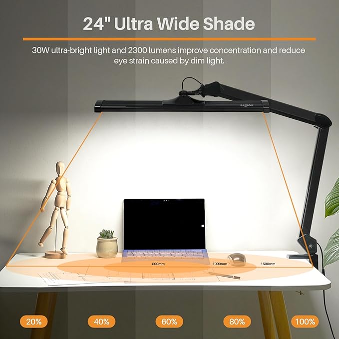 LED Architect Desk Lamp with Clamp, Metal Swing Arm 2300 Lumens Dimming Office Table Lamp for Task Work Drafting Reading Desktop, 180PCS Bright LEDs, 30W Workbench Lamp(Black)