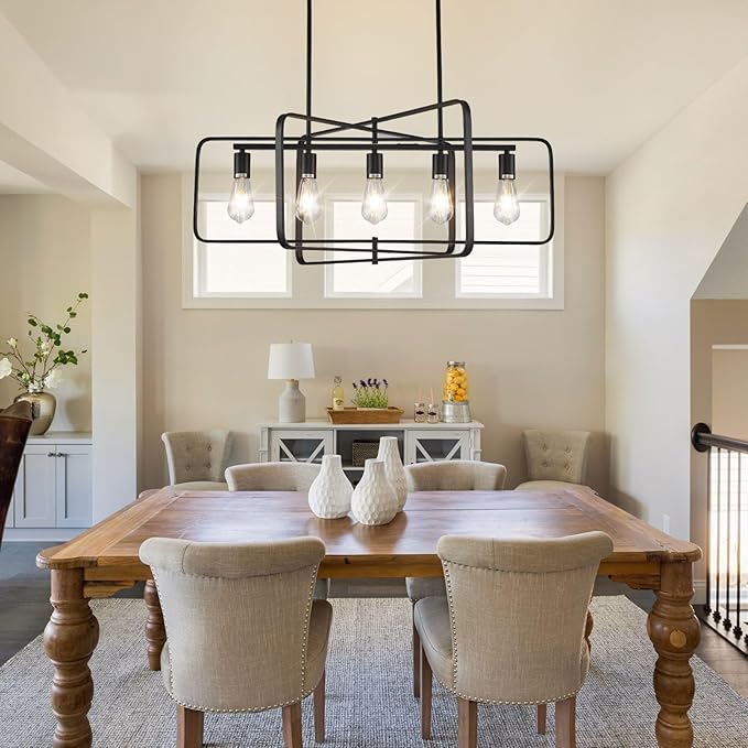 Dining Room Light Fixture/Chandelier Over Table,5-Light Kitchen Island Lighting Hanging for Farmhouse Linear Chandeliers Matte Black Rectangle Rustic Ceiling Pendant Light Fixtures, Height Adjustable