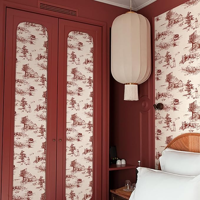 QUCHENG Chinoiserie Style Wallpaper Monochrome Wall Decor Toile de Jouy Landscape Dresser Decal Removabal Self Adhesive Sticker Peel and Stick Furniture Stickers Vintage Cabinet Decoration