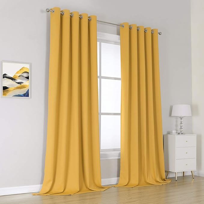 DUALIFE Yellow Curtains 108 Inches Long 2 Panels Blackout Curtain Panels for Bedroom Room Darkening Gold Solid Window Drapes for Living Room Thermal Insulated Grommet Top 60Wx108L