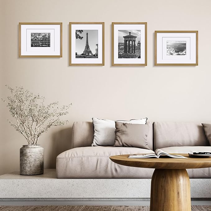 Egofine 11x14 Picture Frames 4 Pack Display Pictures 5x7/8x10 with Mat or 11x14 Without Mat Made of Solid Wood Covered by Plexiglass for Table Top Display and Wall Mounting Photo Frame, Light Brown