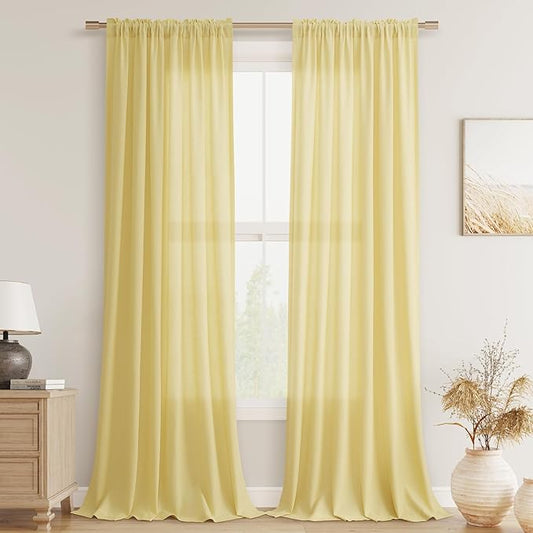 Guken Yellow Linen Curtains 108 Inch Length for Living Room Bedroom 2 Panels Set Rod Pocket Light Filtering Semi Sheer Window Curtains 52 Inch Width Boho Farmhouse Linen Drapes, W52xL108