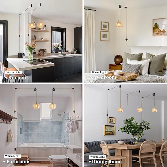 Plug in Pendant Light Hanging Light Fixture Corded On/Off Switch Brass Pendant Light with Amber Striped Glass Lampshade for Bedroom Living Room Kitchen Island