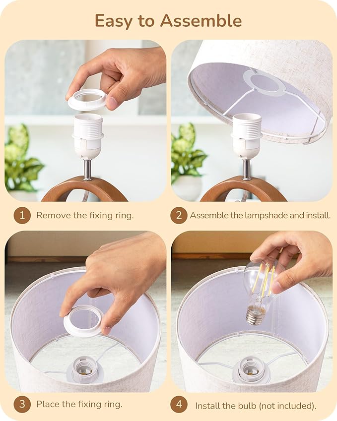 EDISHINE 13.4" Small Table Lamp, Wood Nightstand Lamp with Beige Linen Lampshade & ON-Off Switch, E26 Base, Boho Bedside Lamp for Living Room, Bedroom, Dark Pearwood