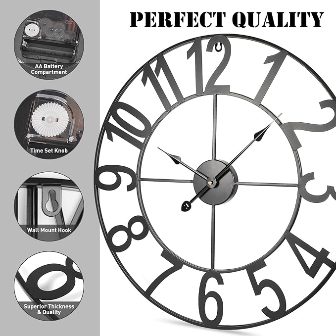 24-Inch(60CM) Large Wall Clocks for Living Room Decor, Silent Non Ticking Battery Operated, Decorative Analog Metal Indoor for Kitchen, Bedroom, Office Decor